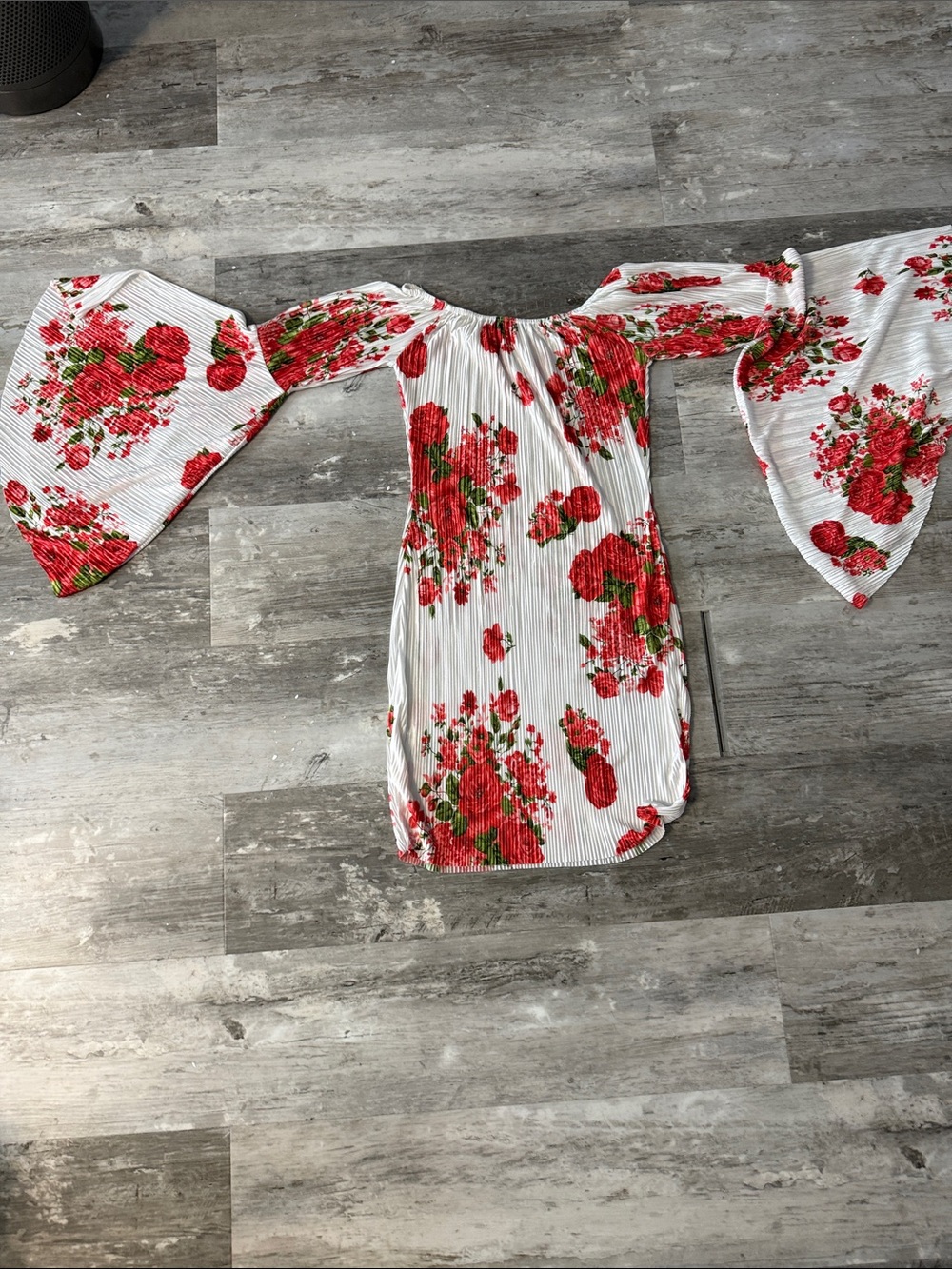 White Floral Off-Shoulder Dress with Red Roses